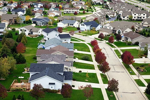 <p>Neighborhood lawns in the Midwest</p>