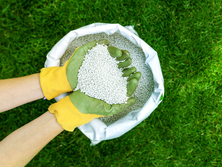 Close-up of gloved hands holding fertilizer over a bag on a lawn
