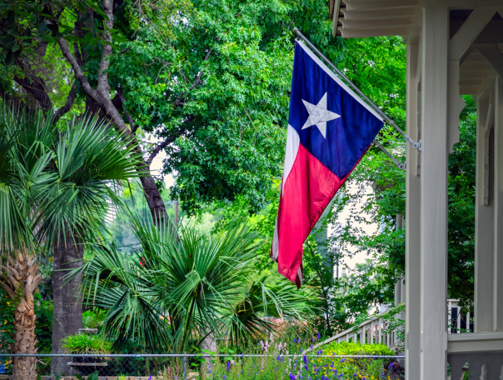 Texan flag hanging from a porch in front of green foliage