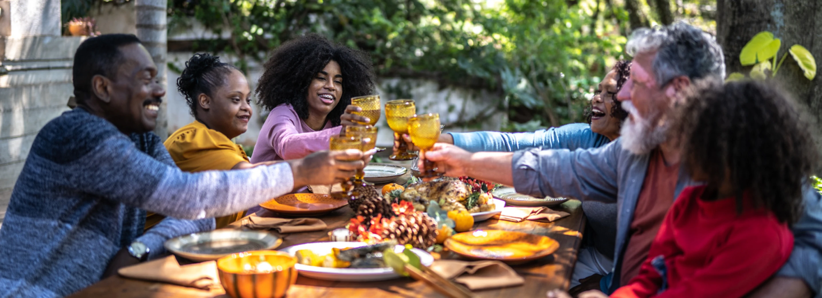 Friends and family gathered around a table at Thanksgiving saying cheers