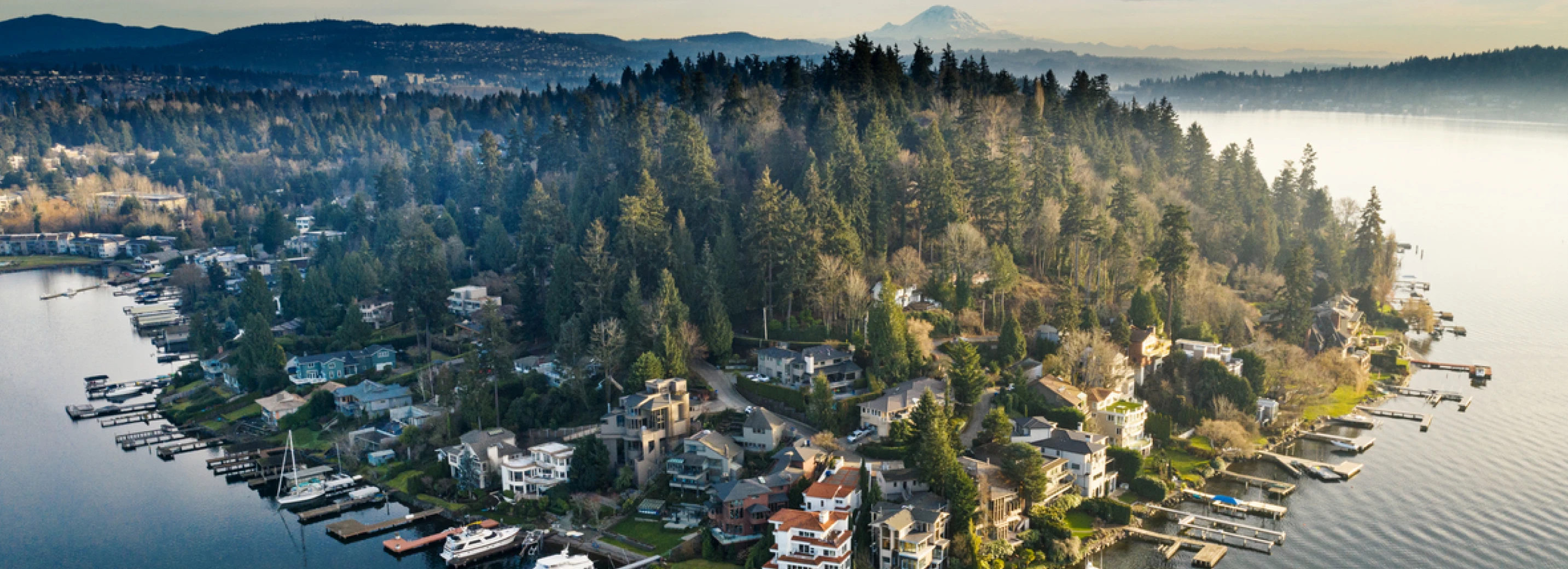 Aerial view of land surrounded by water in the Pacific Northwest
