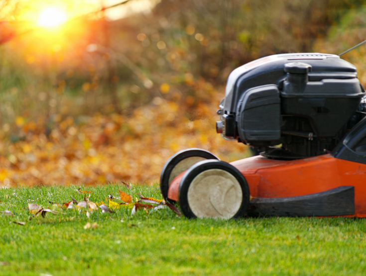 Lawnmower on the lawn in the fall
