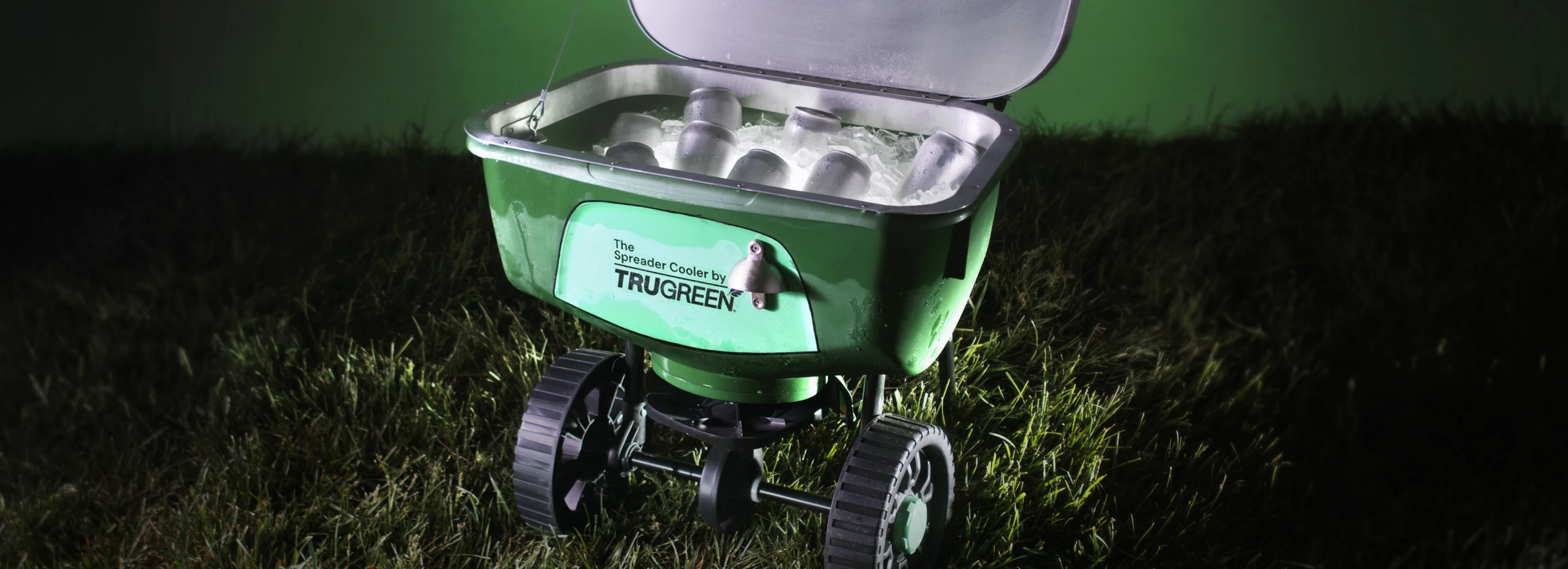 TruGreen-branded spreader converted to a beverage cooler