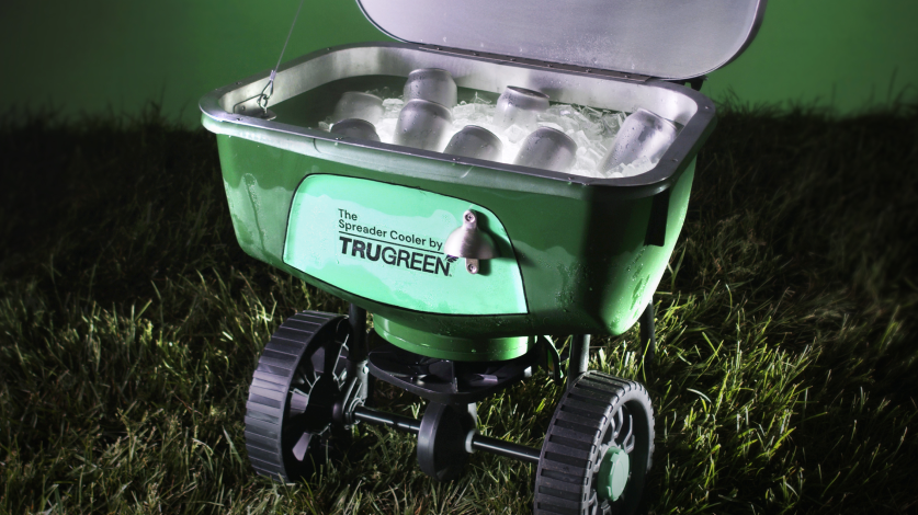 TruGreen-branded spreader converted to a beverage cooler