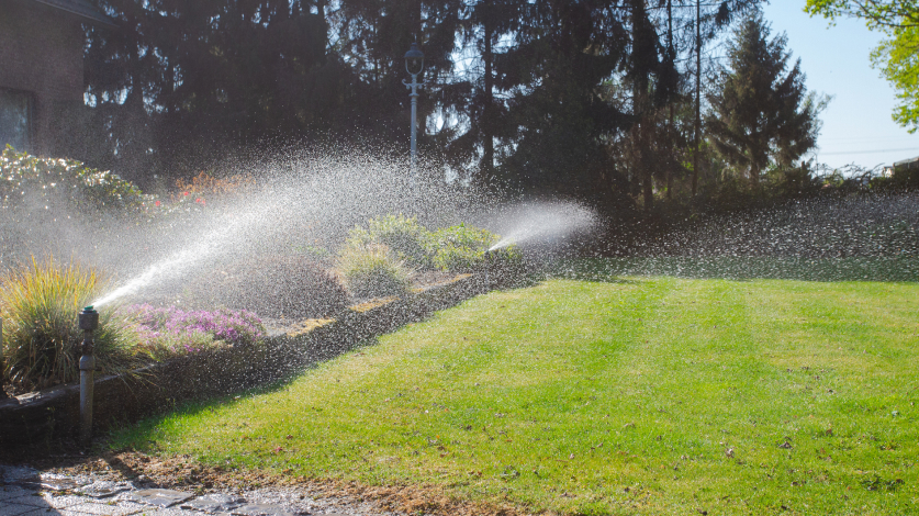 Image of a lawn being watered by a sprinkler in the spring