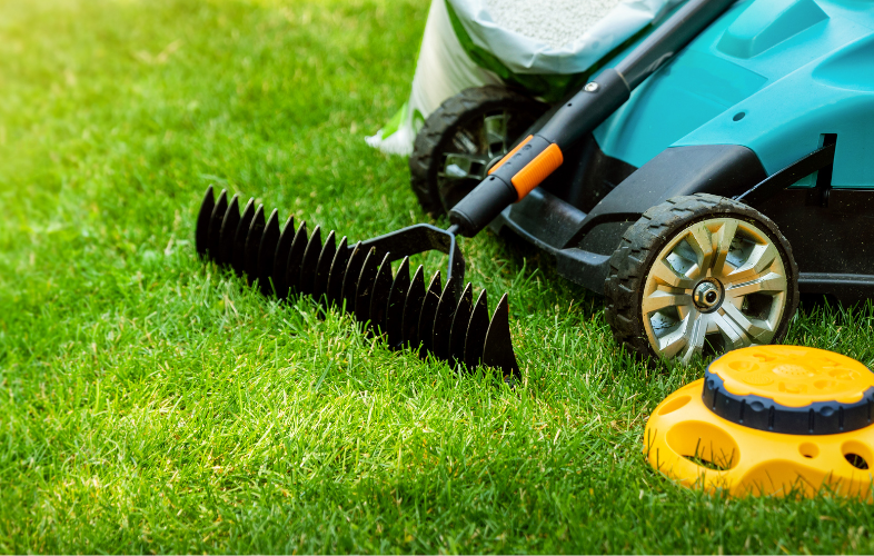 various lawn tools on a lawn
