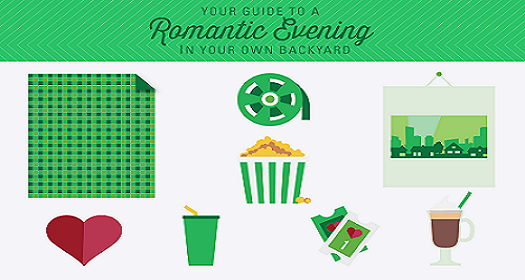 Graphic showing elements of outdoor movie night: popcorn, drinks, screen, movie tickets