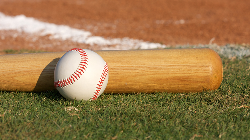 Baseball and bat on grass at a baseball field